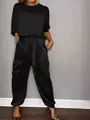 Women's elegant solid color satin two-piece set with short sleeve top and cargo pants - S / Top And Bottom / Black