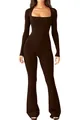 Elegante bruine damesjumpsuit met lange mouwen, vierkante hals en uitlopende pijp - Donkerbruin