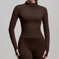 Professional slim fit dark brown yoga jacket with thumbholes for athletic gym workout - S / Tops / Distilled Coffee