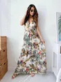 Full-length view of a tropical floral print V-neck maxi dress with tie-waist detail. - S / Tops / White