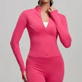 Vibrant pink slim fit yoga jacket with front zipper and thumbholes for women fitness - S / Tops / Raspberry Red