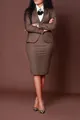 Elegant women's brown professional office suit set featuring blazer and pencil skirt - S / Top And Bottom / Brown