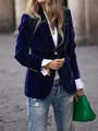 Detail of elegant navy blue velvet slim fit blazer with textured finish and gold buttons - S / Tops / Navy Blue