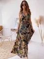 Full-body shot of a tropical print sleeveless V-neck maxi dress for summer vacations - S / Tops / Black
