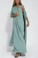 Detailed view of sage green two-piece set featuring a maxi dress and long cardigan. - S / Tops / Blue
