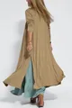 Back view of solid khaki long cardigan with side slits over a teal maxi dress - S / Tops / Khaki