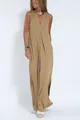 Elegante abito lungo senza maniche color kaki con scollo a V e dettaglio piega centrale - 3XL / Sopra e Sotto / Kaki