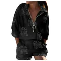 Detailed view of women's black long sleeve top and shorts set with white script print - S / Top And Bottom / Black Letter Print