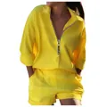 Summer yellow two-piece set for women with long-sleeve zipper top and matching shorts - S / Top And Bottom / Yellow