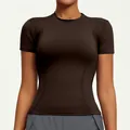 Slim fit dark brown short sleeve yoga top for women running and fitness training - S / Tops / Distilled Coffee (New)