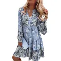 Nahaufnahme eines blauen Blumenkleides für Damen mit V-Ausschnitt und langen Ärmeln - 4XL / Hellblau