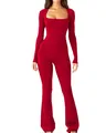 Elegante dames jumpsuit donkerrood met lange mouwen, vierkante hals en wijde pijpen - Rood