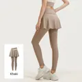 Mallas de yoga 2 en 1 caqui de cintura alta con falda para entrenamiento - S / Bottoms / Caqui