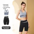 Color-block sports yoga set in gray-blue and black with removable chest pads for women - S / Top And Bottom / Grey Lake Blue + Starry Black