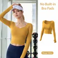 Mango yellow long sleeve tight cropped yoga top with built-in chest pads for fitness - S / Tops / Mango Yellow