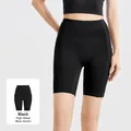 Stellar black high-waisted yoga shorts with side pockets and stripe textured panels - S / Bottoms / Starry Black