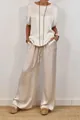 Elegant champagne satin two-piece leisure set with loose blouse and wide-leg pants - XS / Top And Bottom (03076) / White
