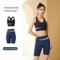 Two-piece color-block sports yoga set featuring black bra and whale blue biker shorts - S / Top And Bottom / Starry Black + Whale Blue