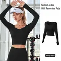 Starlight Black slim-fit long-sleeved cropped yoga top with built-in chest pads - S / Tops / Starry Black