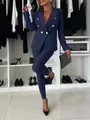 Elegantes dunkelblaues zweireihiges Slim Fit Blazer-Set für Damen mit edlen Goldknöpfen - Marineblau