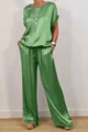 Elegant green satin two-piece outfit with a short-sleeved loose top and wide-leg pants. - Green