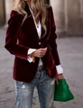 Elegant slim fit burgundy velvet blazer for women featuring classic decorative gold buttons. - Burgundy