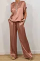 Loose satin short-sleeve shirt and wide-leg pants casual set in dusty rose - Chocolate