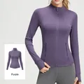 Slim-fit eggplant purple athletic yoga jacket featuring a stand collar and thumb holes design - S / Tops / Eggplant Purple