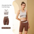 Two-piece yoga fitness suit in milk tea grey and caramel color-blocking design - S / Top And Bottom / Milk Tea Grey + Caramel