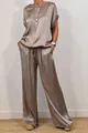 Elegant women's loose satin two-piece set with short-sleeved top and wide-leg pants - XS / Top And Bottom / Dark Gray