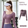 Purple long sleeve yoga top with cross-front design and built-in bra pads - S / Tops / Berry Purple