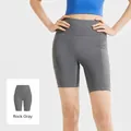 High-waisted yoga shorts in sea salt grey featuring side pockets and striped texture - S / Bottoms / Sea Rock Grey