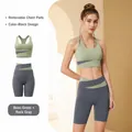 Professional color-block yoga set in green and grey, features removable chest pads. - S / Top And Bottom / Cardamom Green + Sea Rock Grey