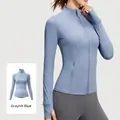 Breathable women's slim fit sports yoga jacket with stand collar in Gray Lake Blue - S / Tops / Grayish Blue
