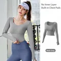 Athletic women's long sleeve yoga crop top with built-in pads in sea salt grey - S / Tops / Sea Rock Grey