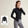 Women's slim fit black long sleeve yoga jacket with thumb holes and full zipper - S / Tops / Starry Black