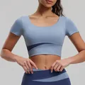 High-waist blue color-blocked yoga crop top with built-in pads for fitness and gym - S / Tops / Grayish Blue