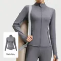 Women's slim fit stand collar breathable sports yoga jacket in Sea Rock Grey color - Sea Rock Grey