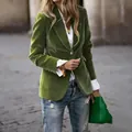 Elegant moss green velvet slim-fit blazer for women, chic autumn fashion street style - Army Green