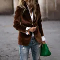 Elegant women's brown velvet slim fit blazer for autumn and winter fashion style - Dark Brown