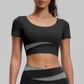 Slim fit black and grey color-blocked yoga short sleeve crop top with built-in pads. - S / Tops / Starry Black