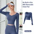 Long-sleeve cropped yoga top with built-in chest pads in Scented Whale Blue color - Whale Blue