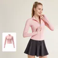 Slim fit long sleeve yoga jacket with thumb holes in vibrant Barbie pink color - S / Tops / Barbie Pink