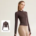 Veste de yoga professionnelle ajustée avec passe-pouces en couleur café distillé foncé - Café distillé