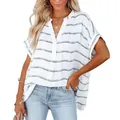 Detailed view of women's white short-sleeved blouse with black horizontal stripes - Striped