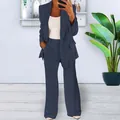 Elegant women's navy blue two-piece business suit with blazer and wide-leg trousers - 3XL / Top And Bottom / Navy Blue