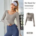 Khaki long sleeve cropped sports top with built-in chest pads for yoga workout - Khaki