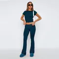 Set 2 pezzi verde ottanio scuro con crop top a maniche corte e pantaloni a zampa a vita bassa - XS / Top E Pantaloni / Manica Corta / Blu scuro