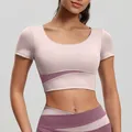Pale pink and mauve color-block slim fit yoga crop top with built-in chest pads - Creamy Purple