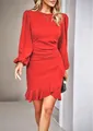 Elegant solid red bodycon dress featuring long puff sleeves and ruffled hem detail - S / Top And Bottom / Red